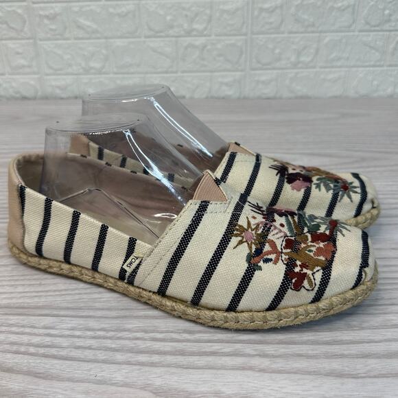 Toms Alpargata Rope Espadrilles Loafer WMNS 8.5 Blue Striped Floral Embroidered - Picture 1 of 11